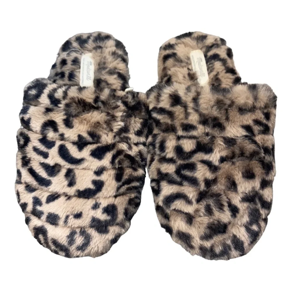 MADEWELL Leopard Cheetah Animal Print Quilted Plush Faux Fur Slippers Size 5 - Picture 4 of 13